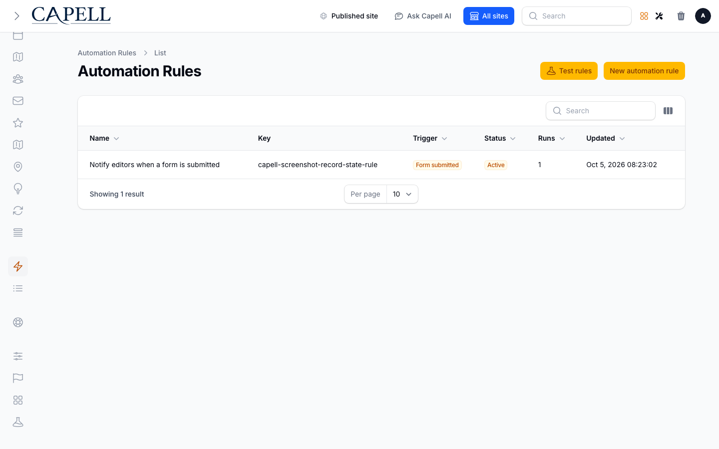 An operator reviews active automations that connect Capell package events to native actions.