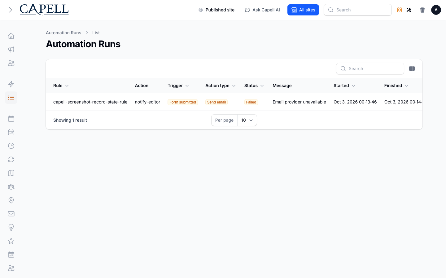 An operator audits workflow execution status, trigger type, action type, and timing.