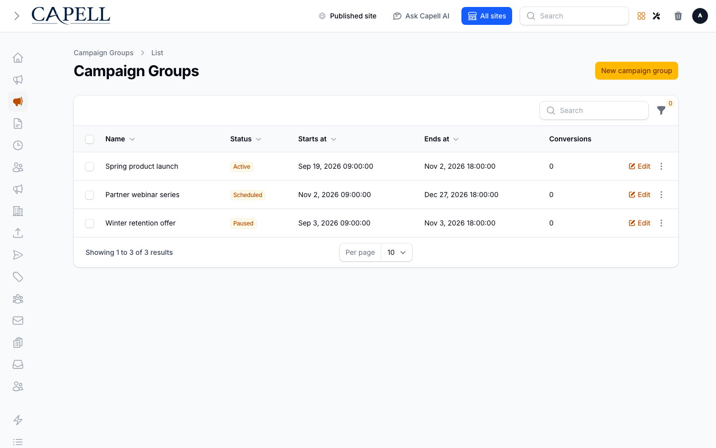 Review active campaign groups before managing landing pages, calls to action, and goals.