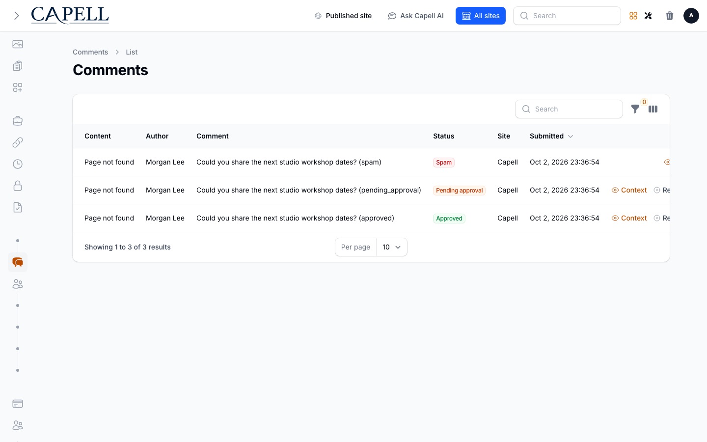 Audit comment status and moderation activity.