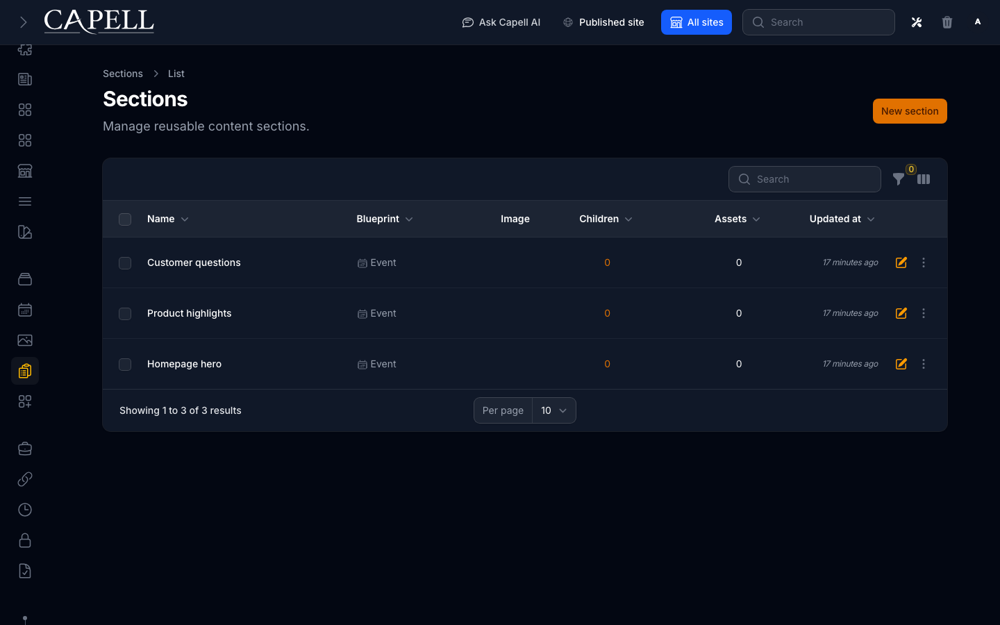 Reusable sections index
