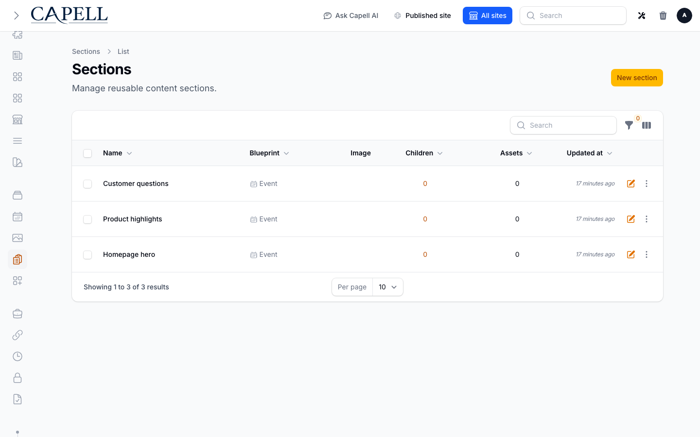 Reusable sections index