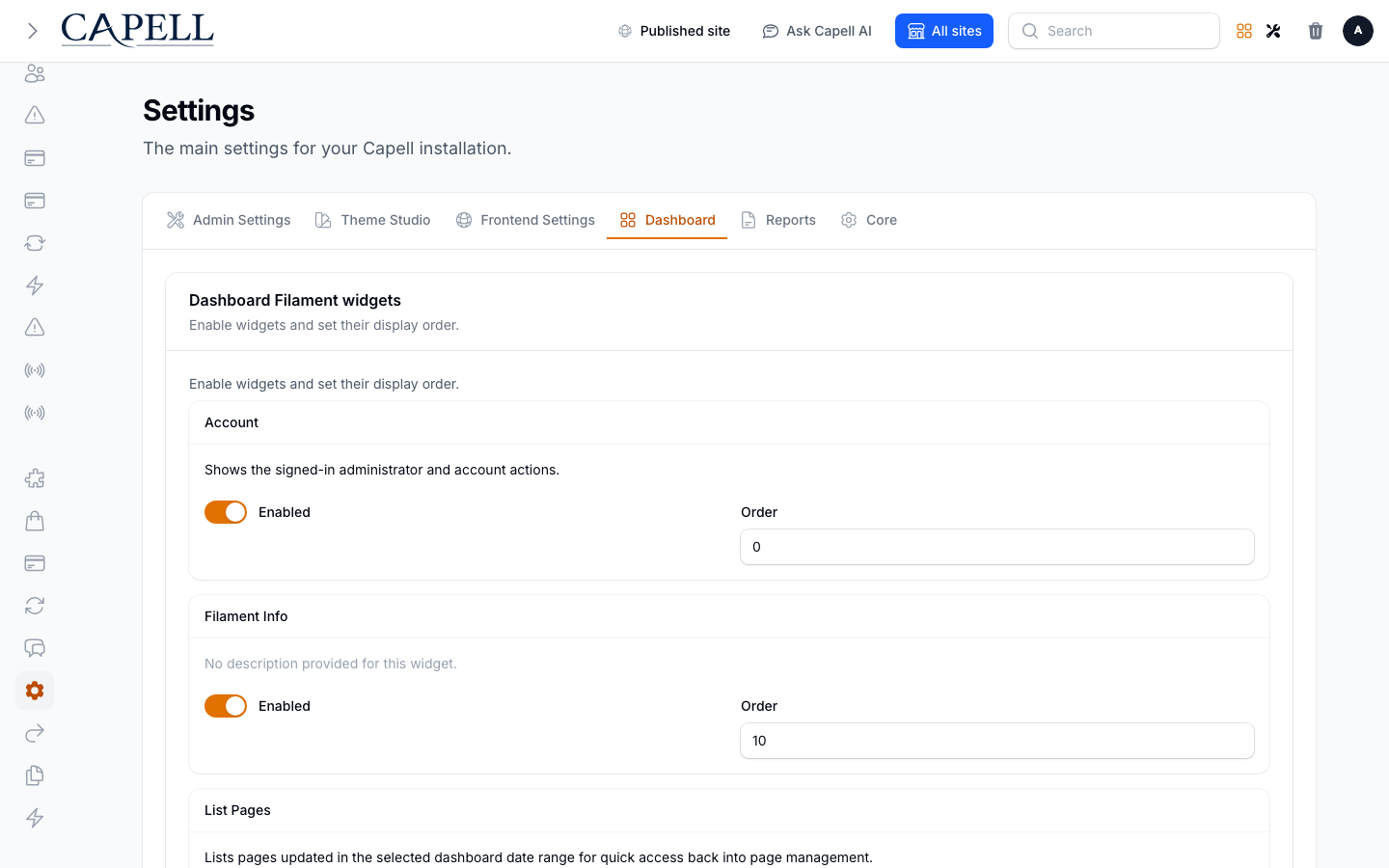 A site owner confirms the Dashboard Reports widgets can be enabled or hidden through dashboard settings.