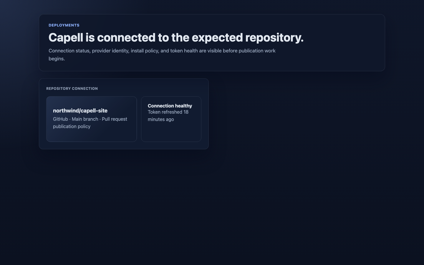 Deployment connection page with a repository connected