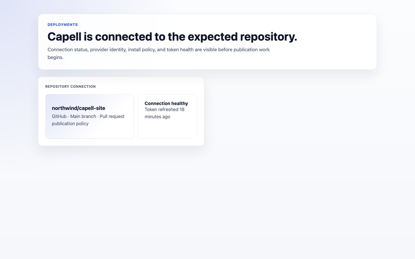 Deployment connection page with a repository connected
