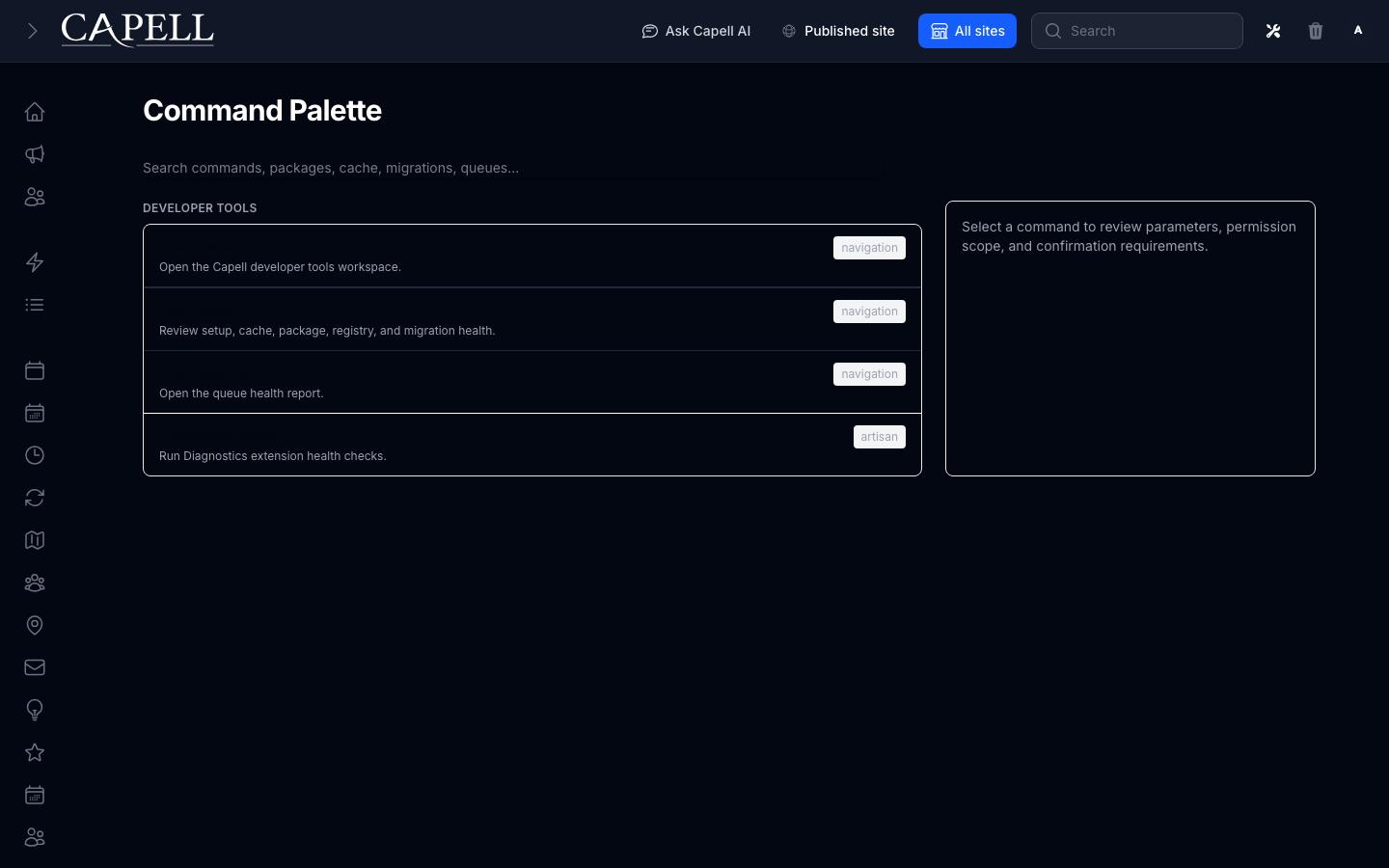 A developer searches trusted diagnostics and capell commands, reviews required parameters, and sees confirmation state before execution.