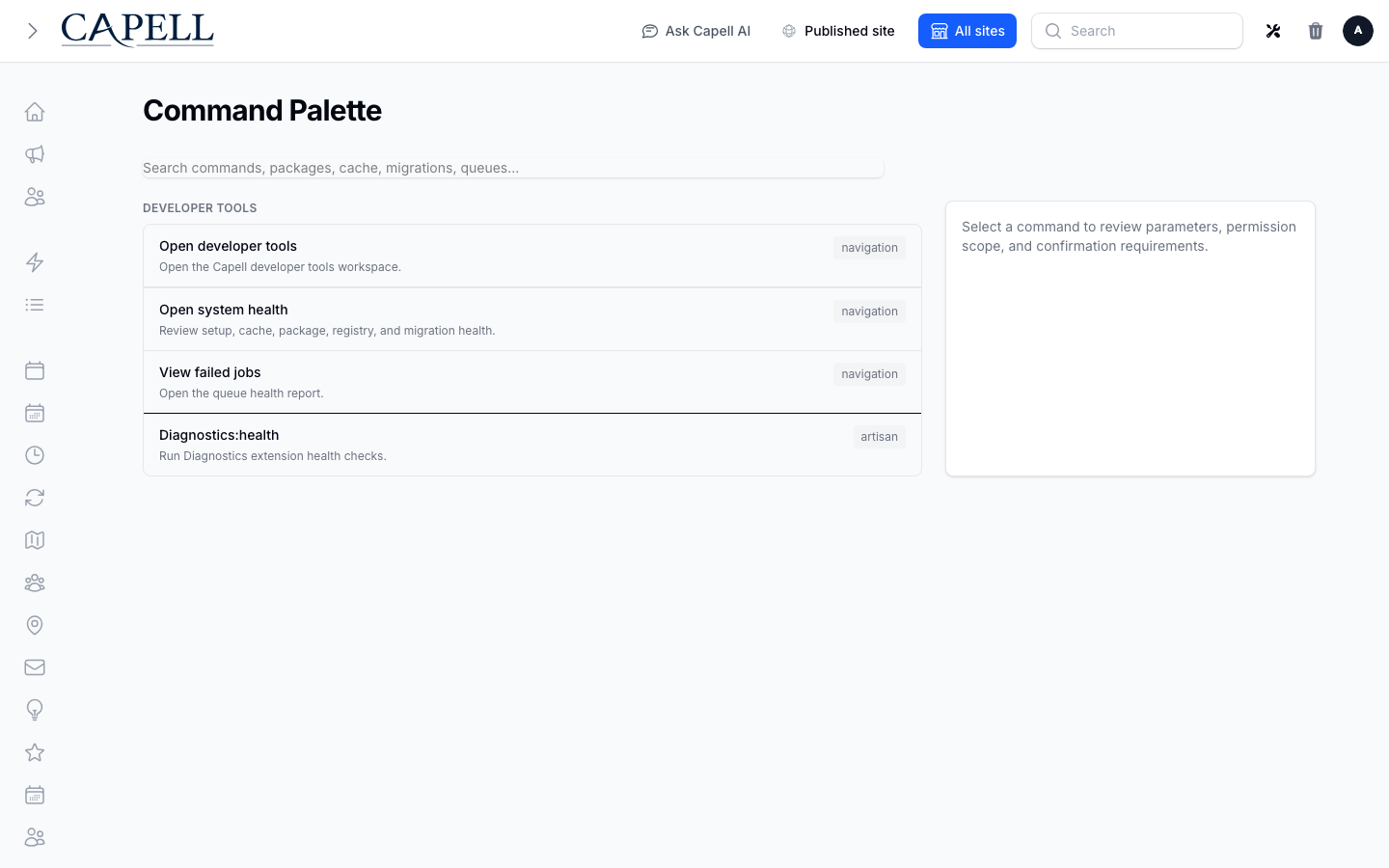 A developer searches trusted diagnostics and capell commands, reviews required parameters, and sees confirmation state before execution.