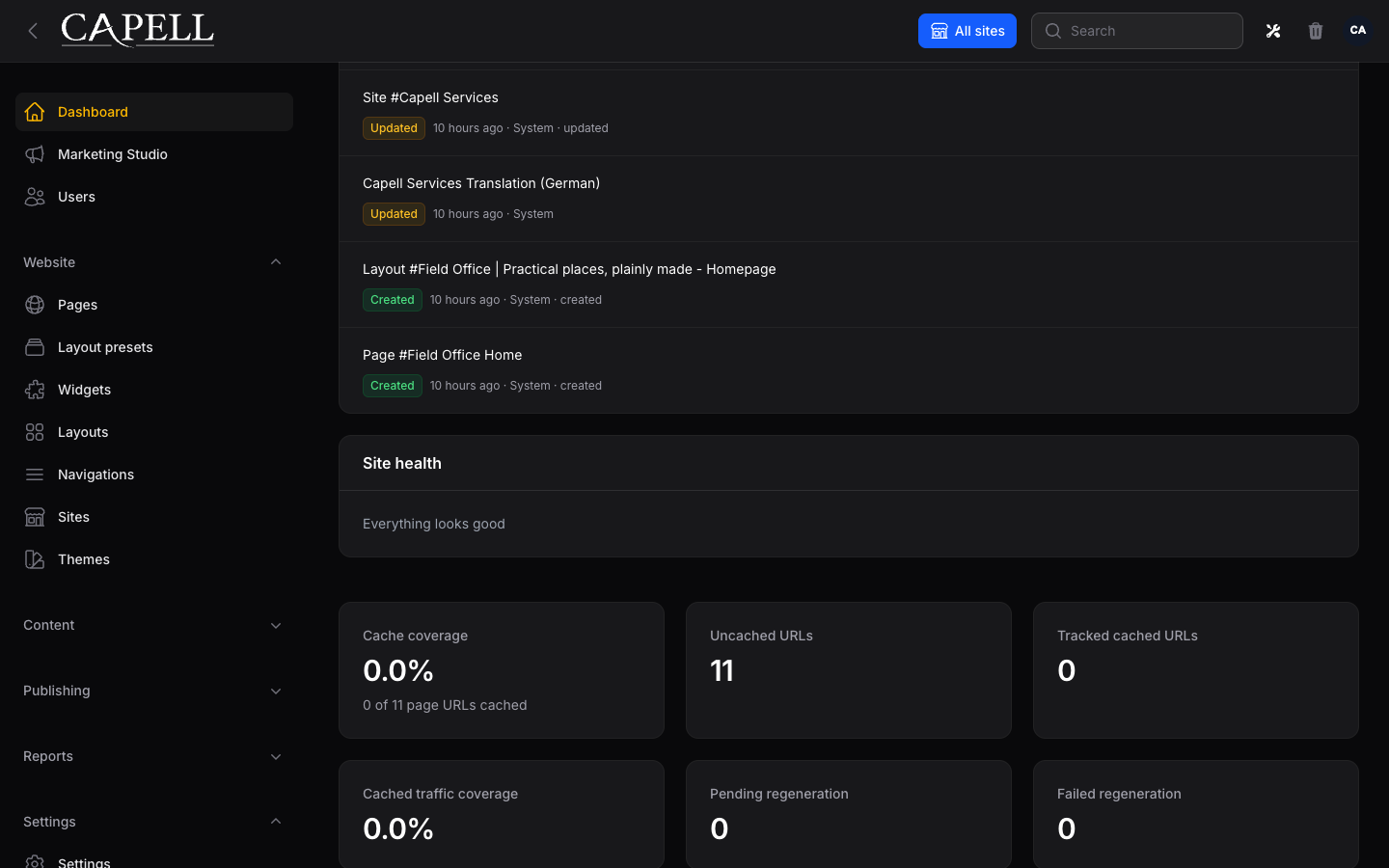 Site health widget on the admin dashboard