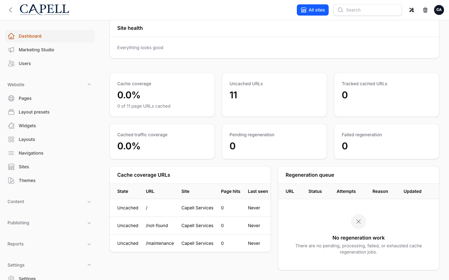 Site health widget on the admin dashboard