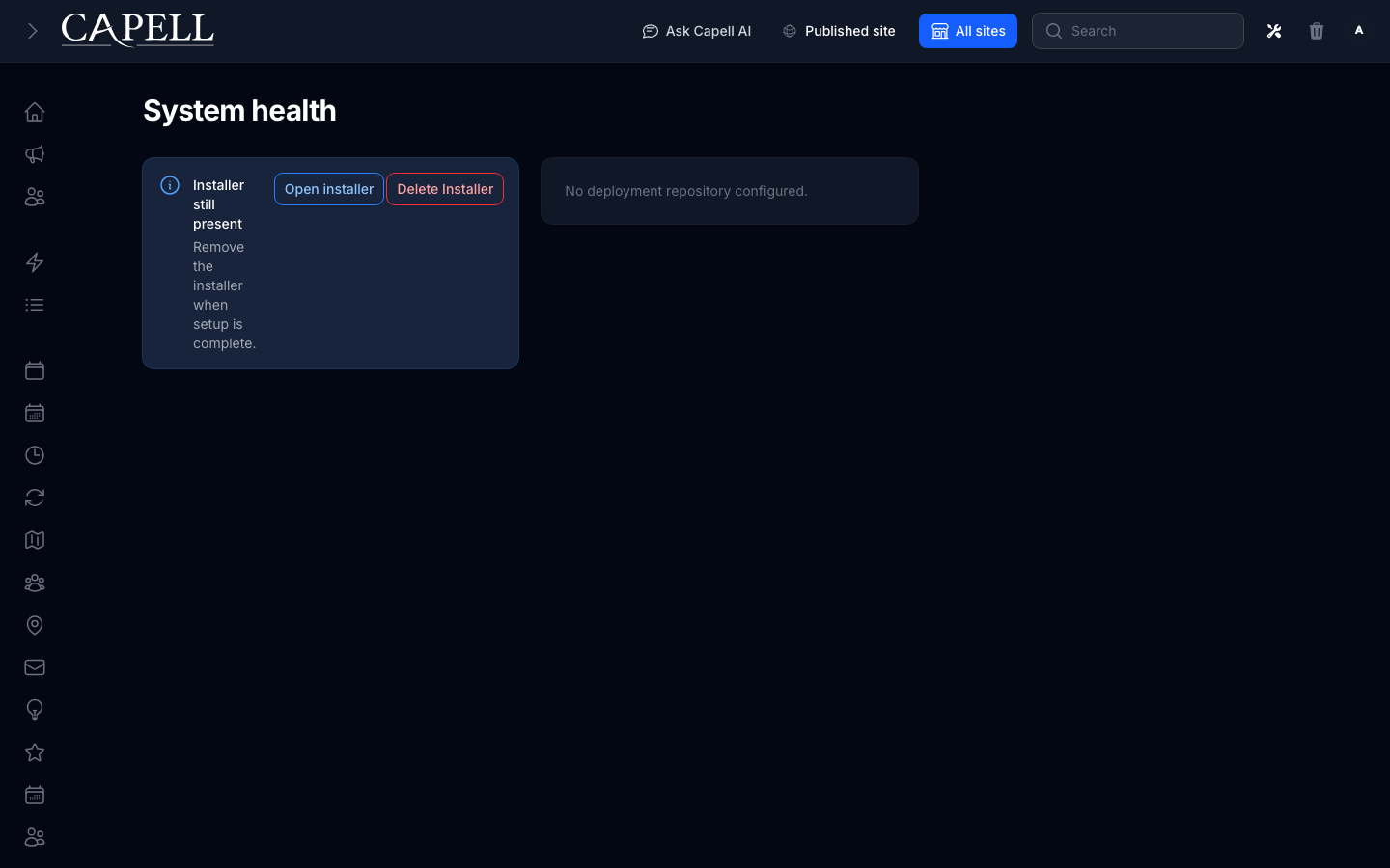A super admin reviews system health panels before changing package setup or publishing configuration.