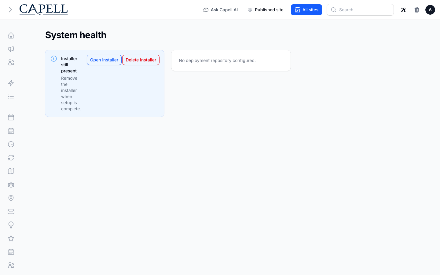 A super admin reviews system health panels before changing package setup or publishing configuration.
