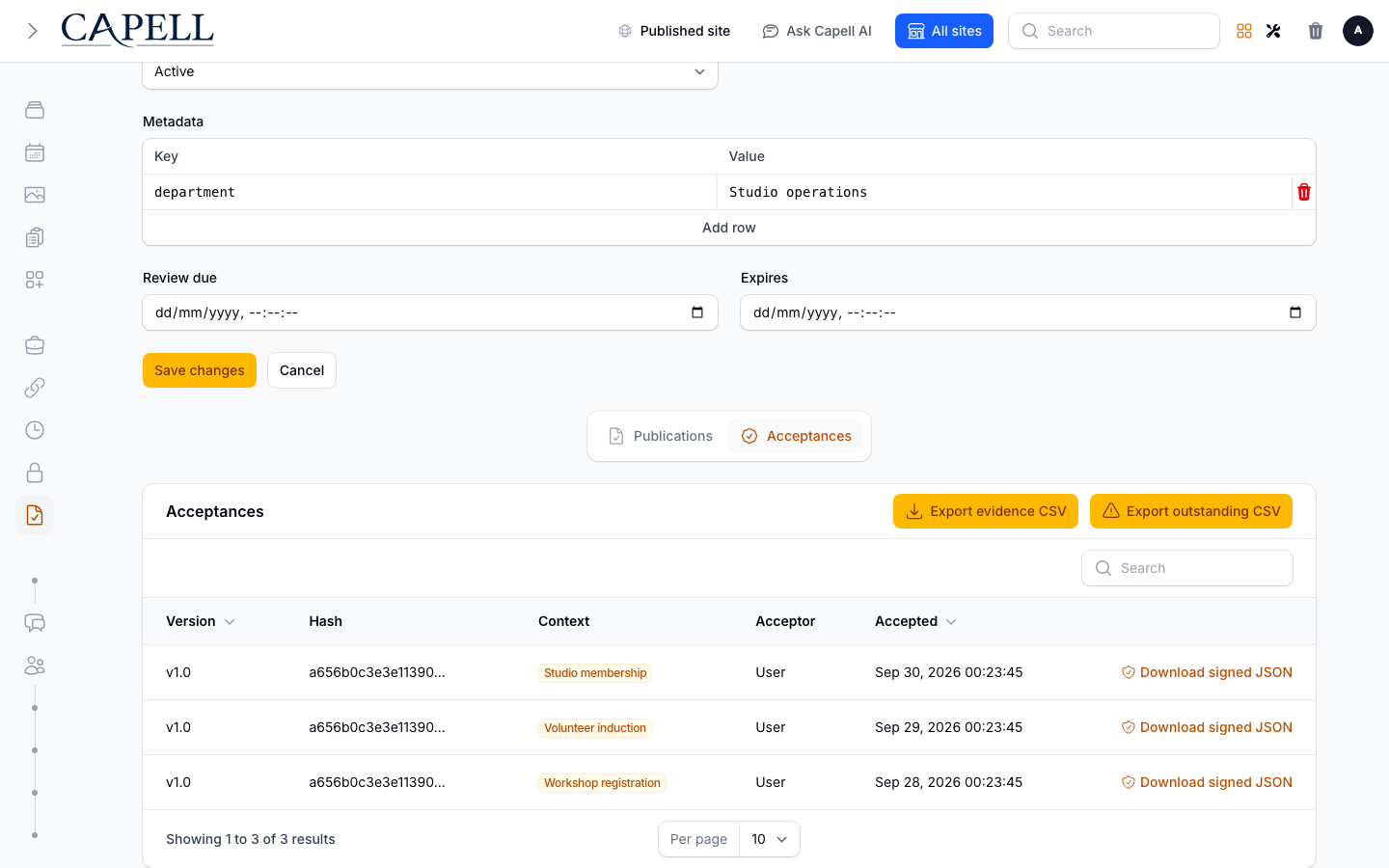 Confirm which version a person or workflow accepted and when that acceptance was recorded.