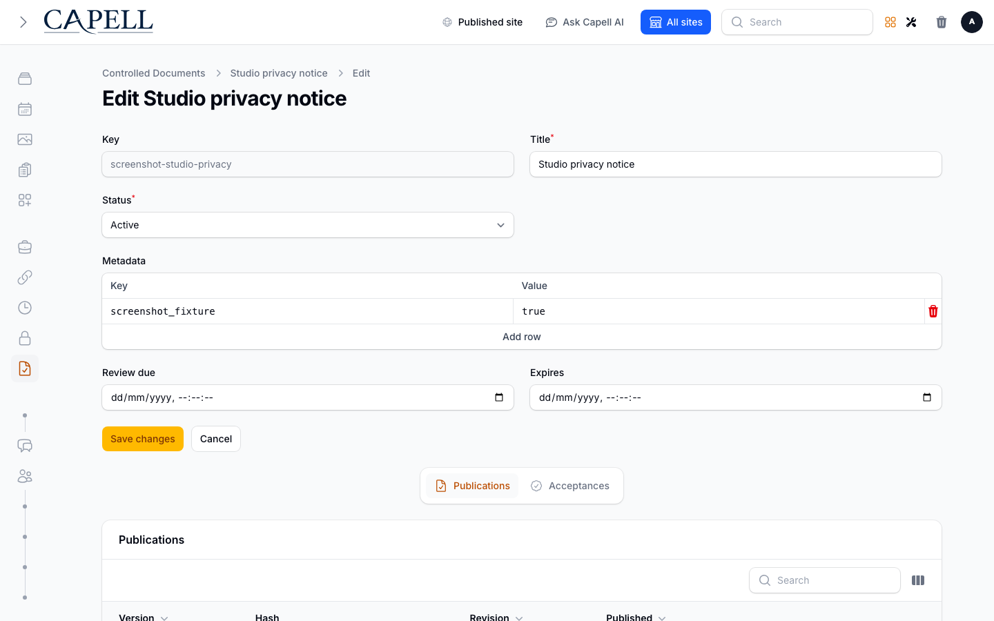 Update the title, lifecycle status, or details of a controlled document.