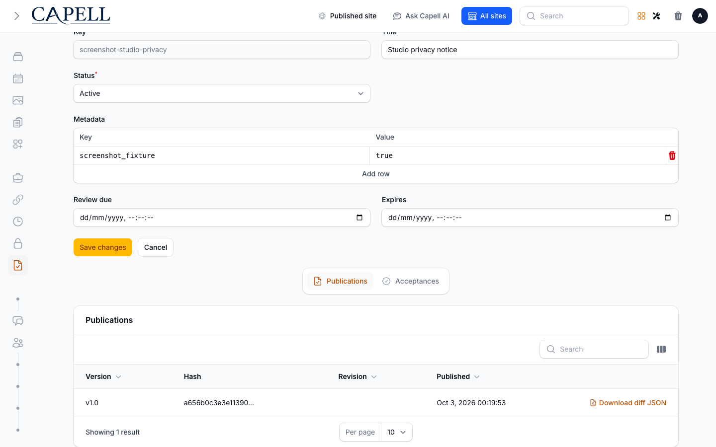 Check locked publication versions, hashes, revision references, and publish times for a document.