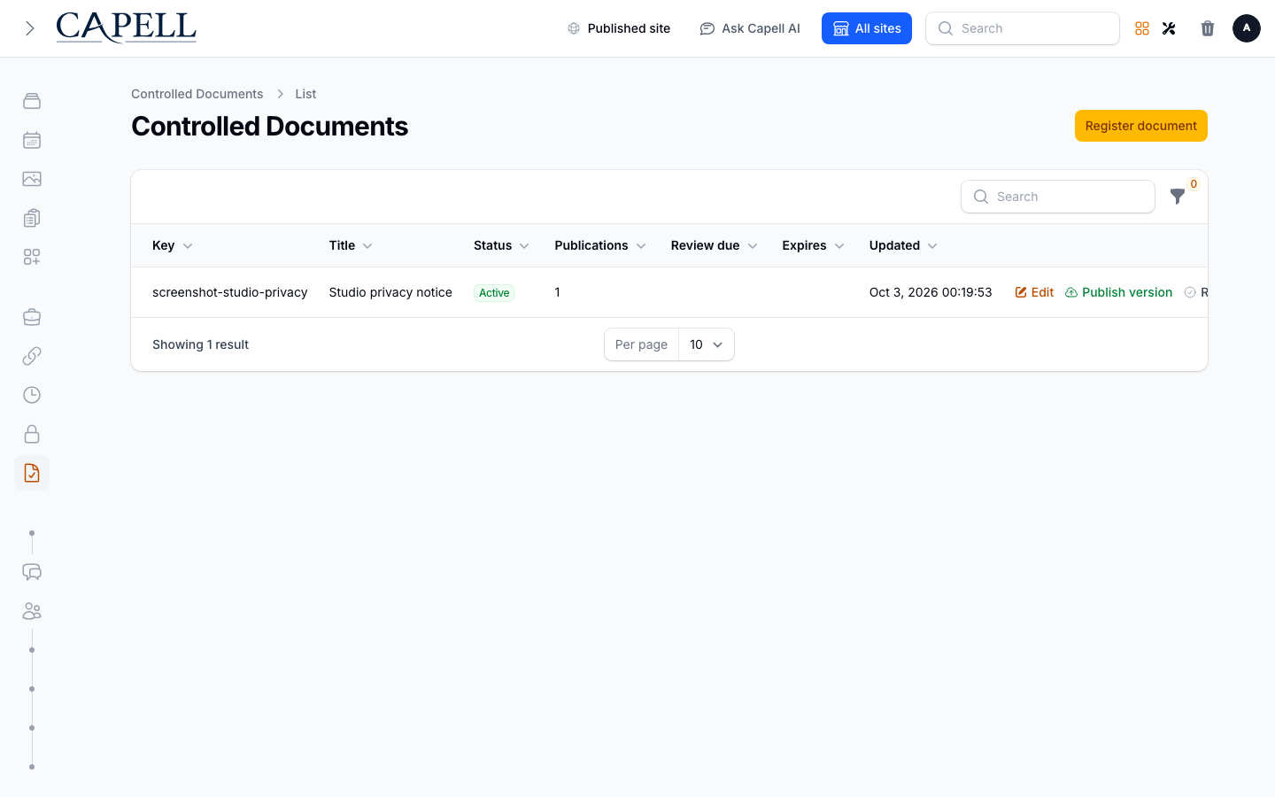 Review controlled documents and see which policy or legal records have published versions.