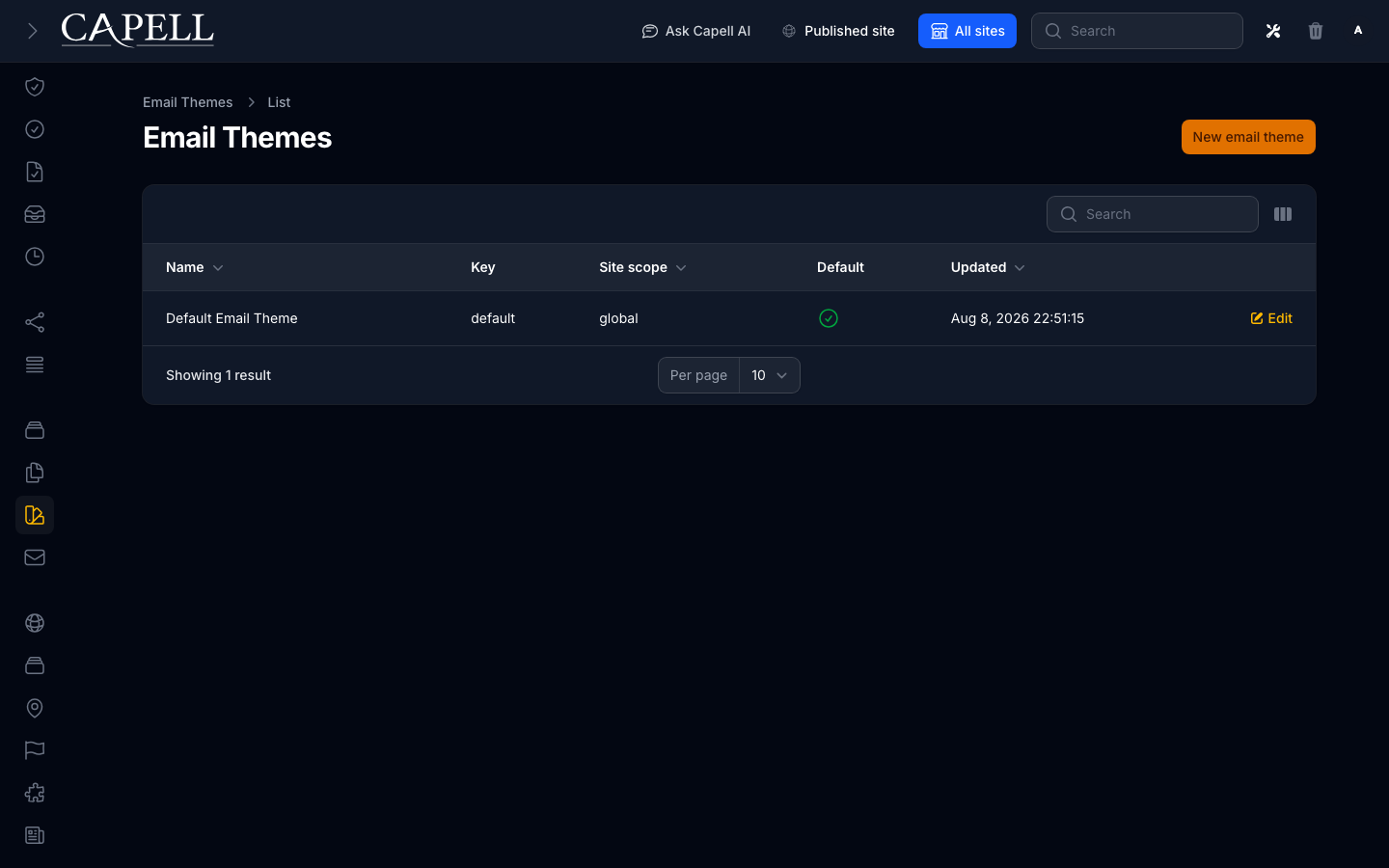 An admin edits the branding tokens used by themed transactional email templates.