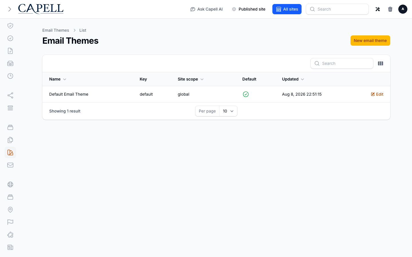 An admin edits the branding tokens used by themed transactional email templates.