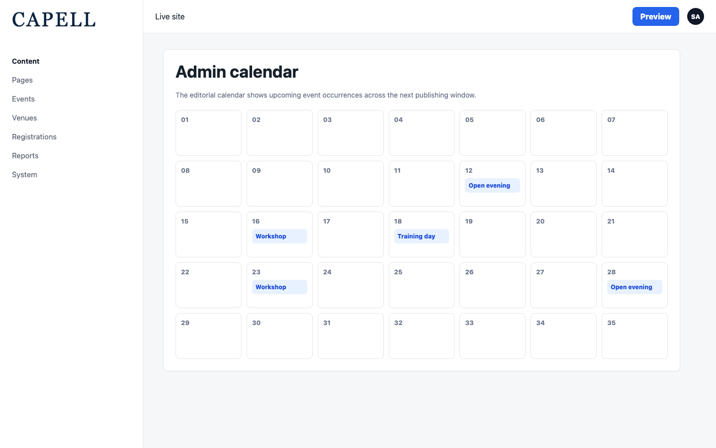 An editor opens the admin calendar to scan event occurrences across the next publishing window.