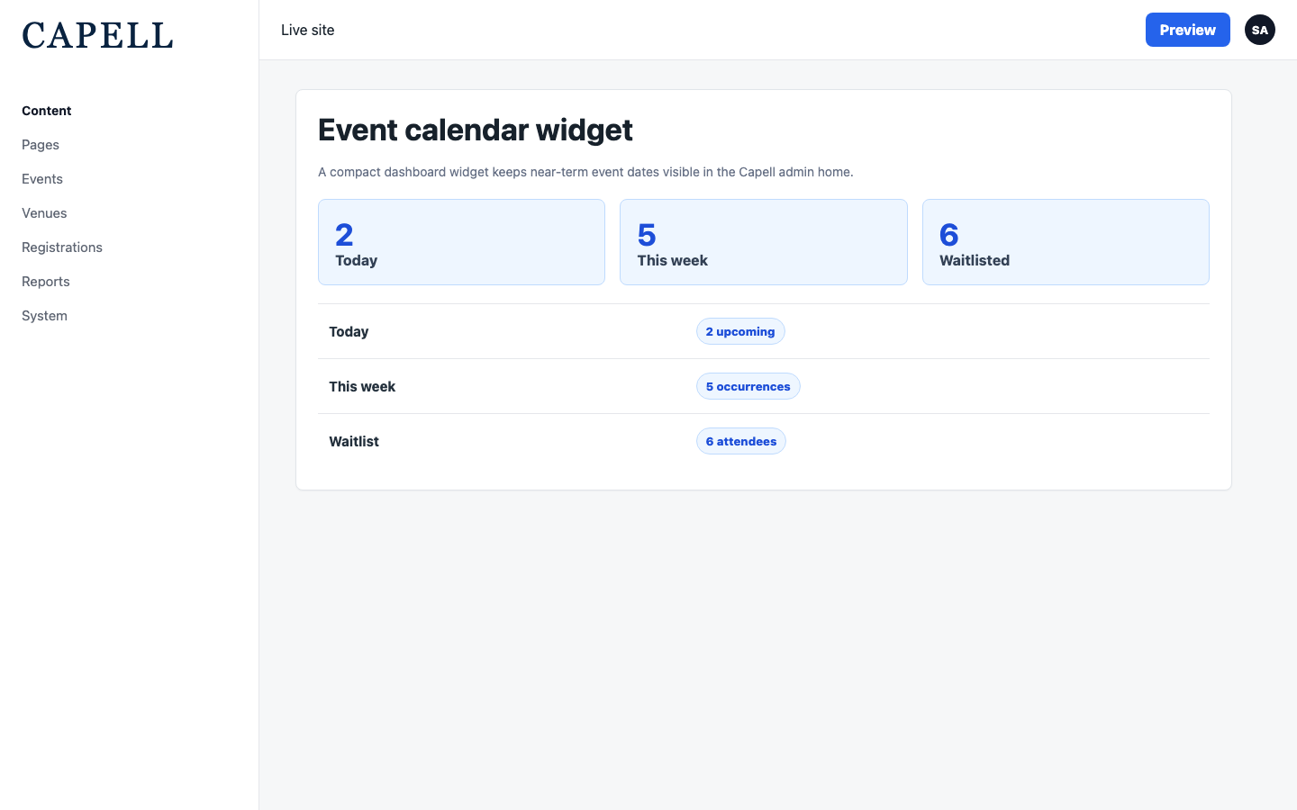 An editor checks the calendar widget for upcoming event dates without leaving the current admin context.