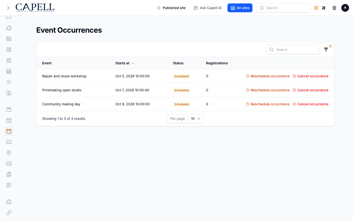 An editor reviews generated event dates with their statuses and registration counts.