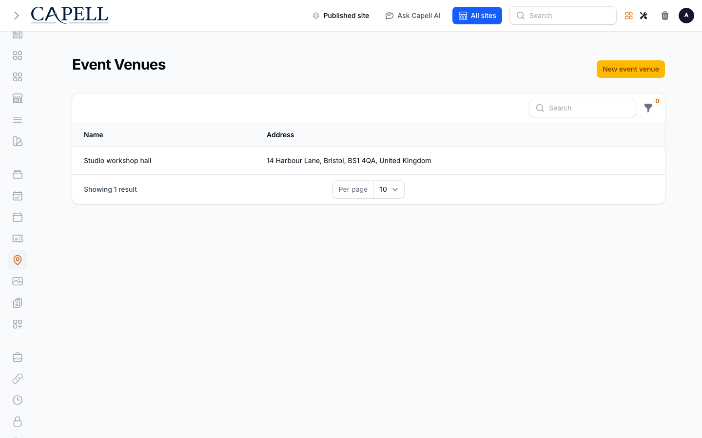 An administrator manages reusable venues for events and confirms address details are visible.