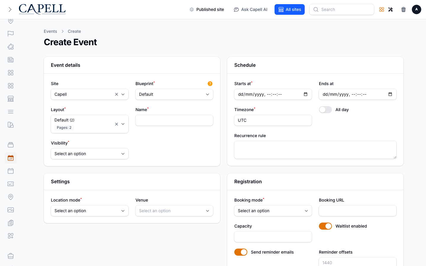 An editor creates an event with schedule, recurrence, visibility, publishing, and registration settings.