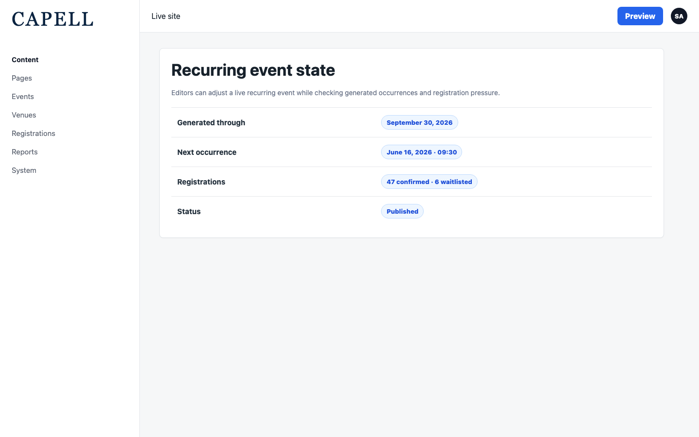 An editor adjusts an existing recurring event and checks its registration and publication state before saving.