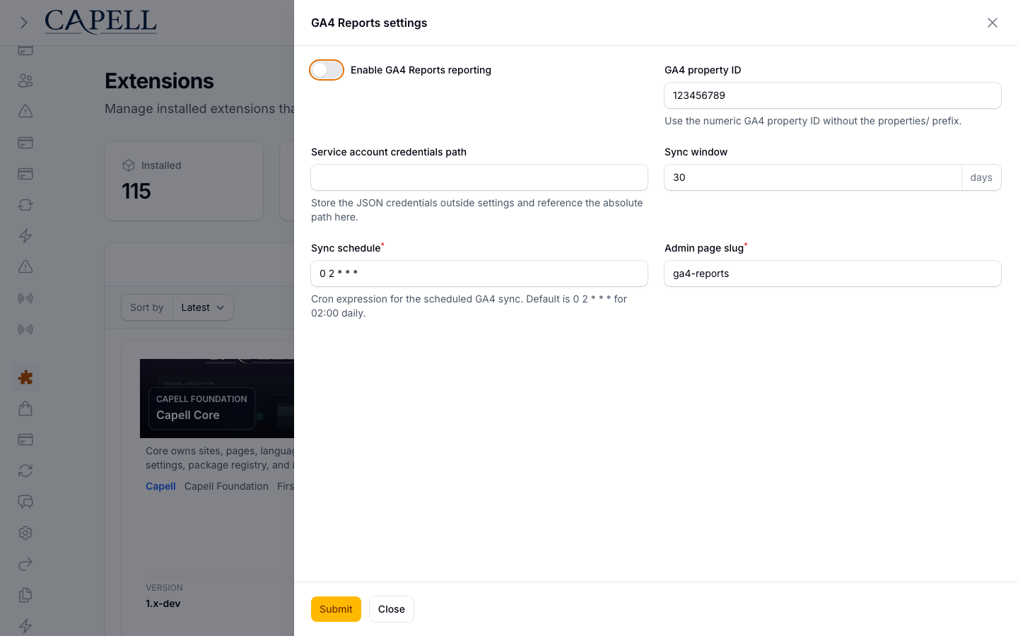 A site owner configures property ID, credentials path, route slug, sync window, and enabled state.