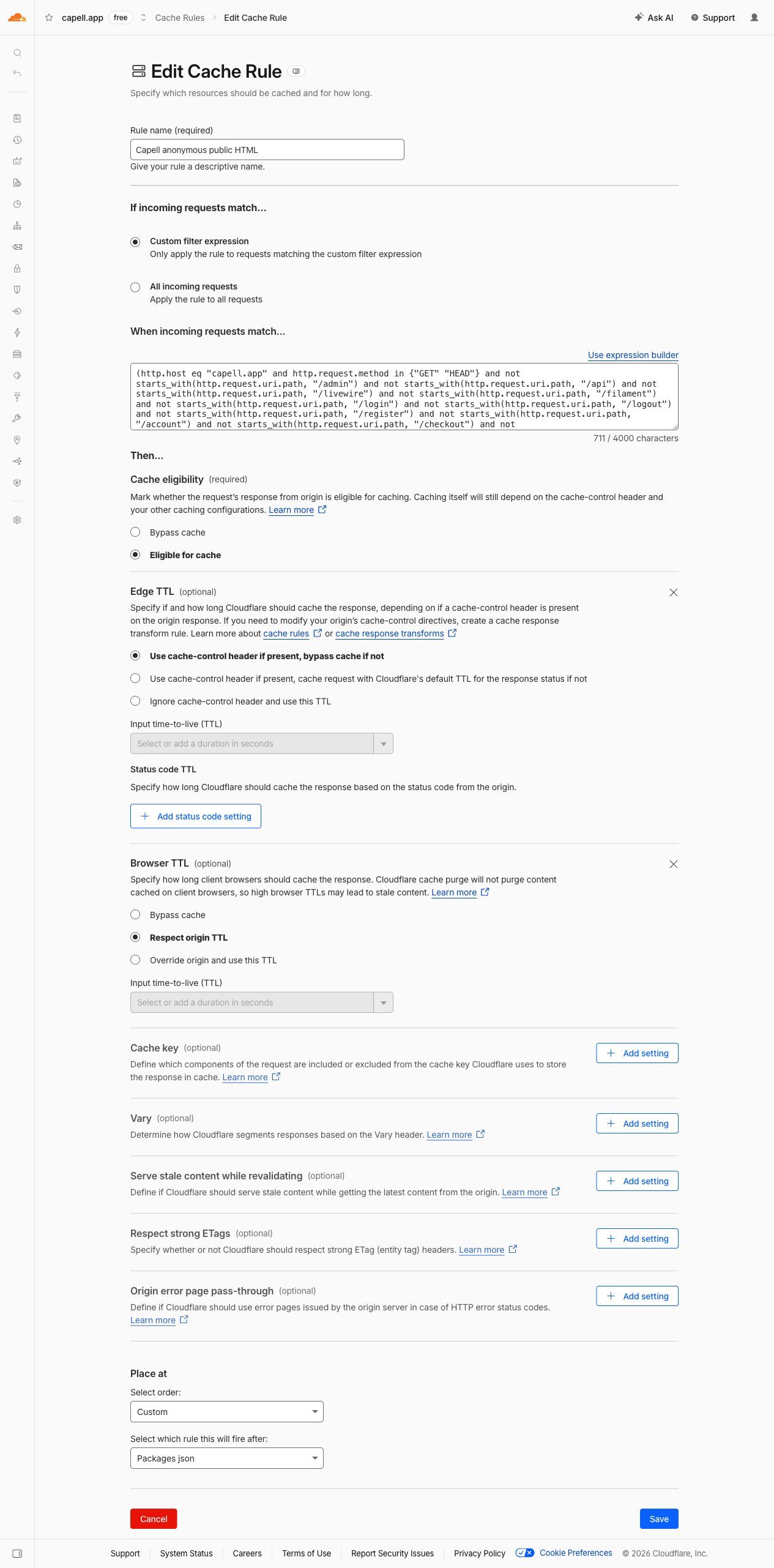 Full Cloudflare edit view for the Capell anonymous public HTML cache rule with the sidebar collapsed