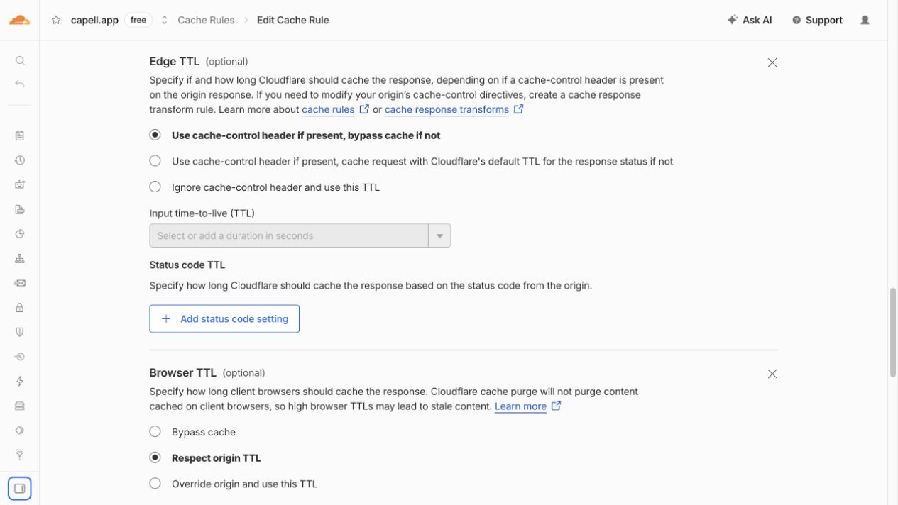 Cloudflare Edge TTL and Browser TTL settings for the Capell anonymous public HTML cache rule