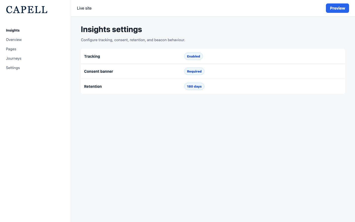 A site owner configures tracking, consent, retention, and beacon behavior.