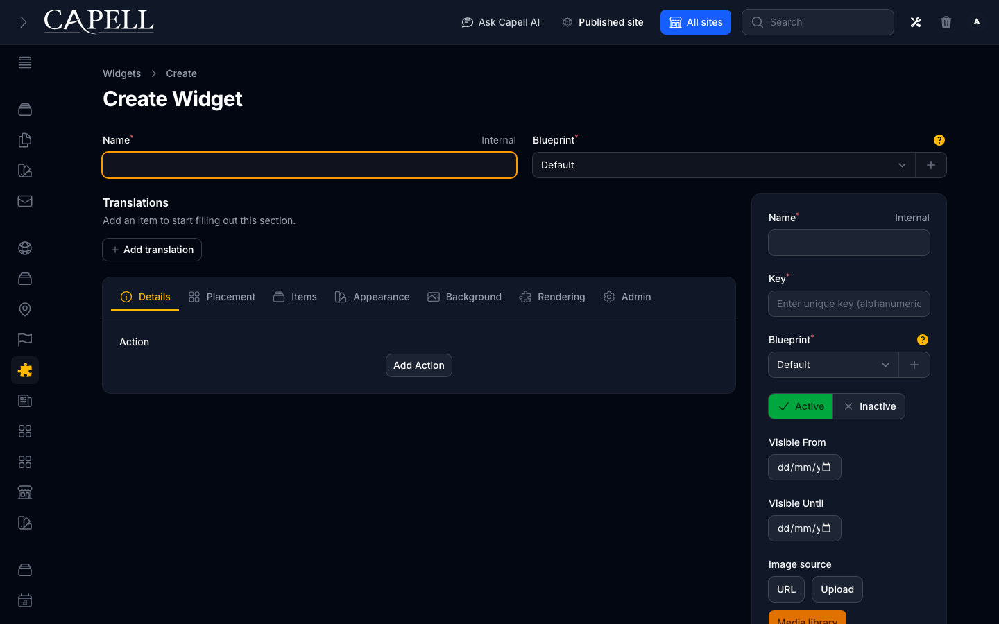 Configure a reusable widget, its display settings, translations, and widget assets.