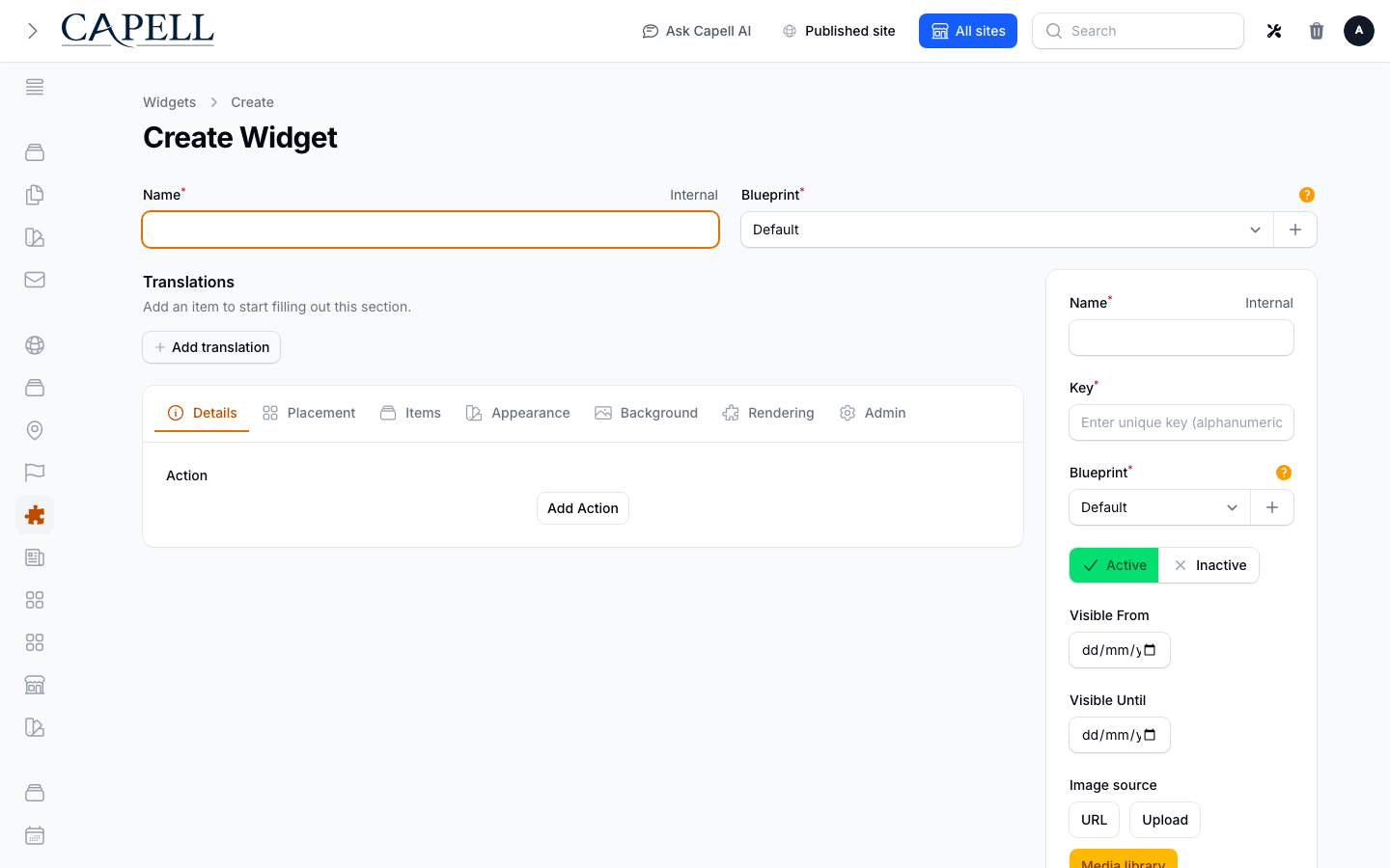Configure a reusable widget, its display settings, translations, and widget assets.