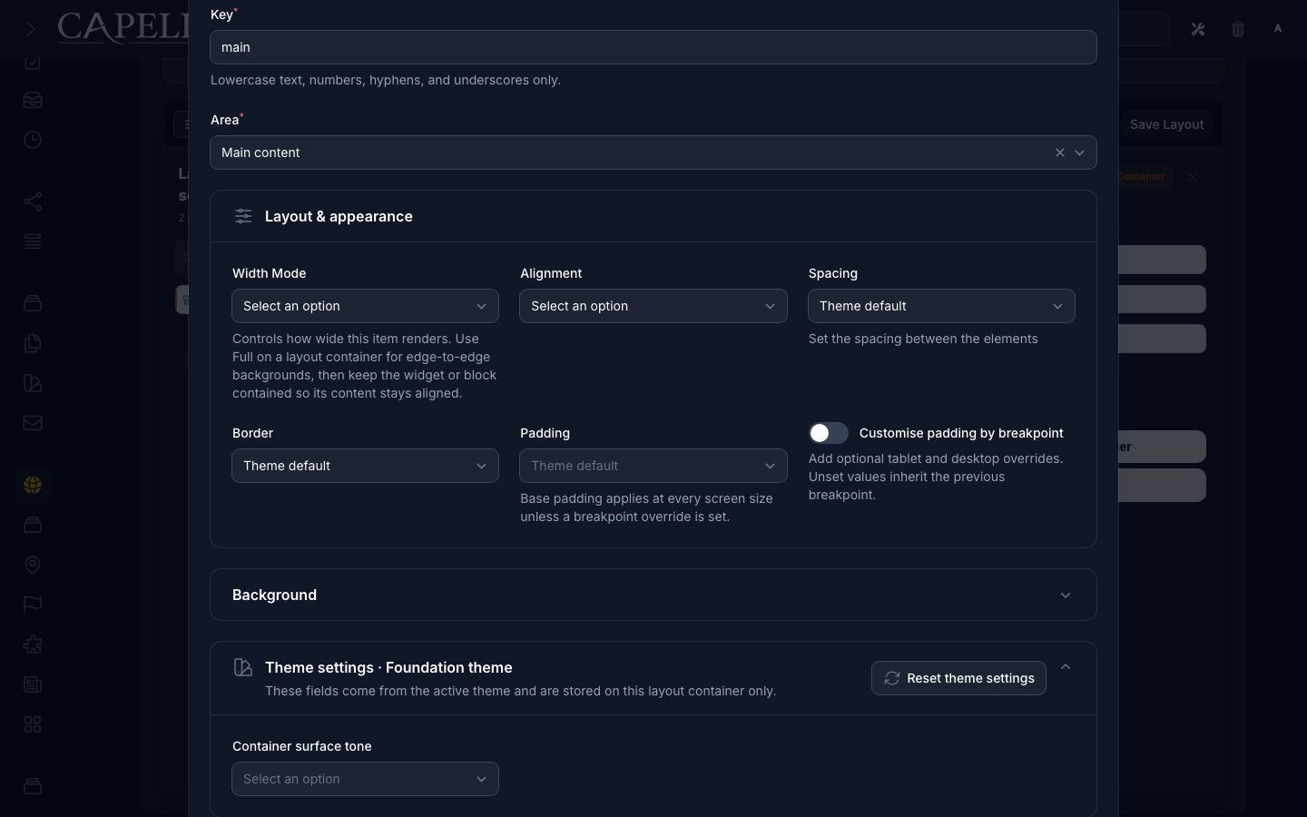 Layout Builder active-theme container settings
