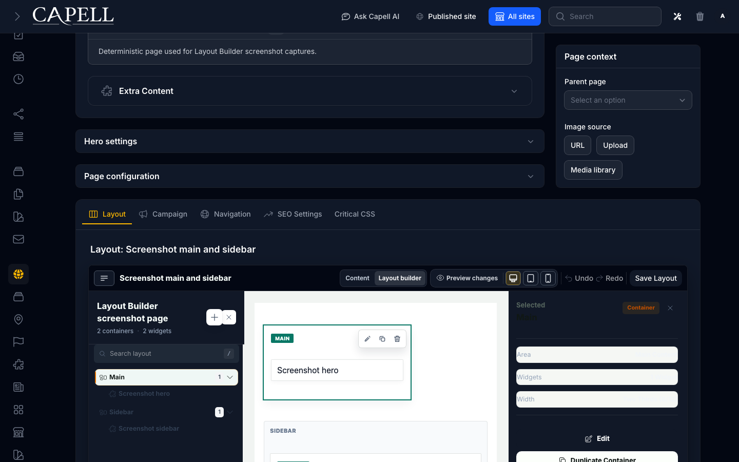 Layout Builder visual editor with main and sidebar containers