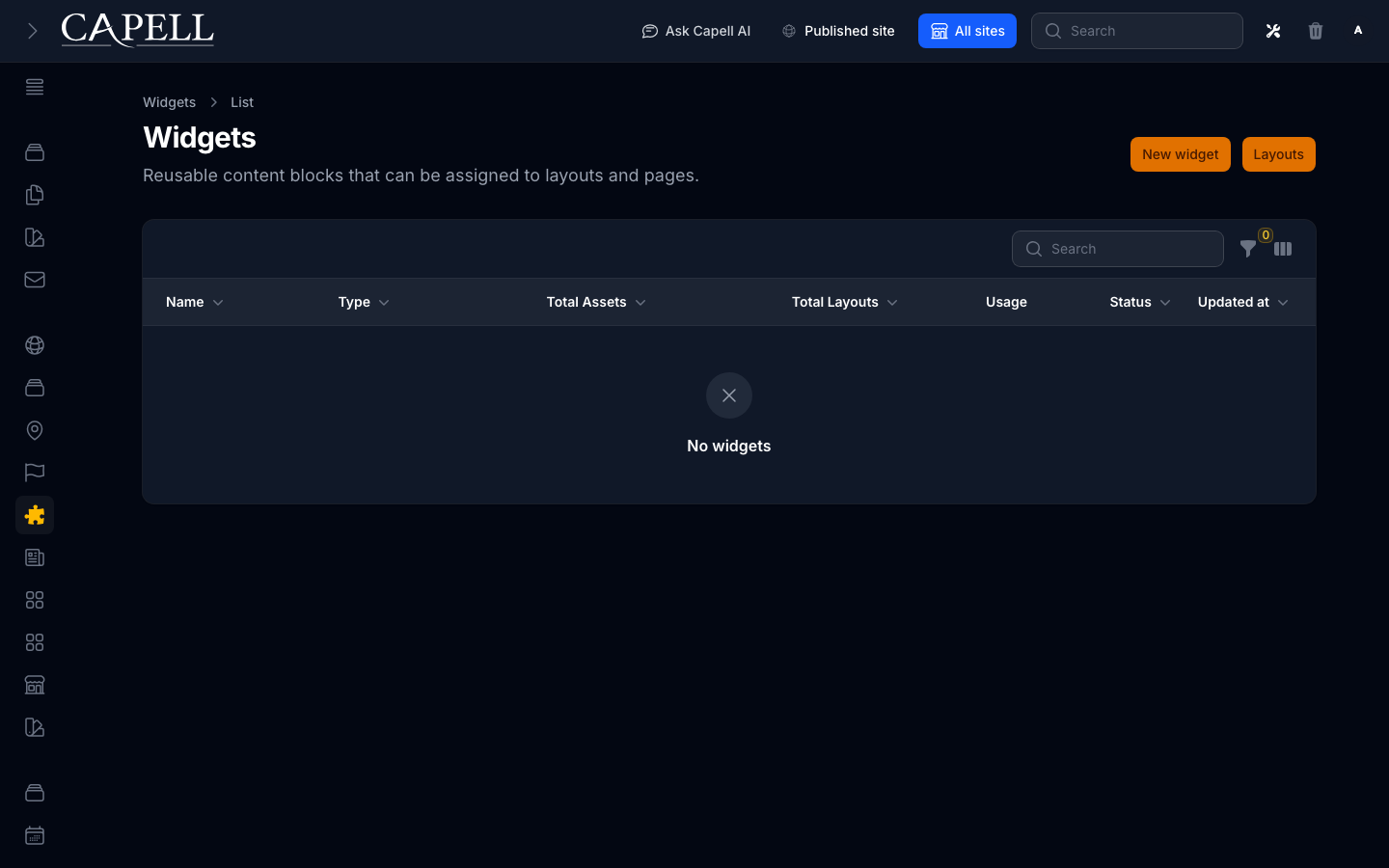 Scan reusable widgets by component, usage, status, and search or filter state.