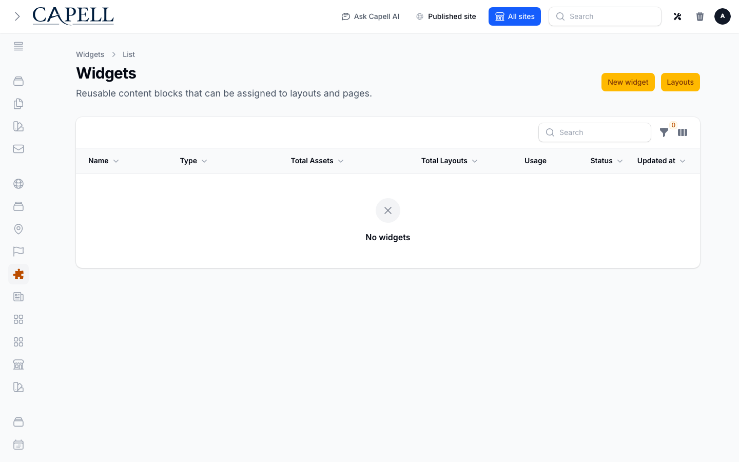 Scan reusable widgets by component, usage, status, and search or filter state.