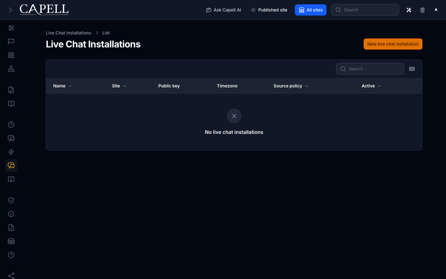 Live Chat chat sites and installation settings