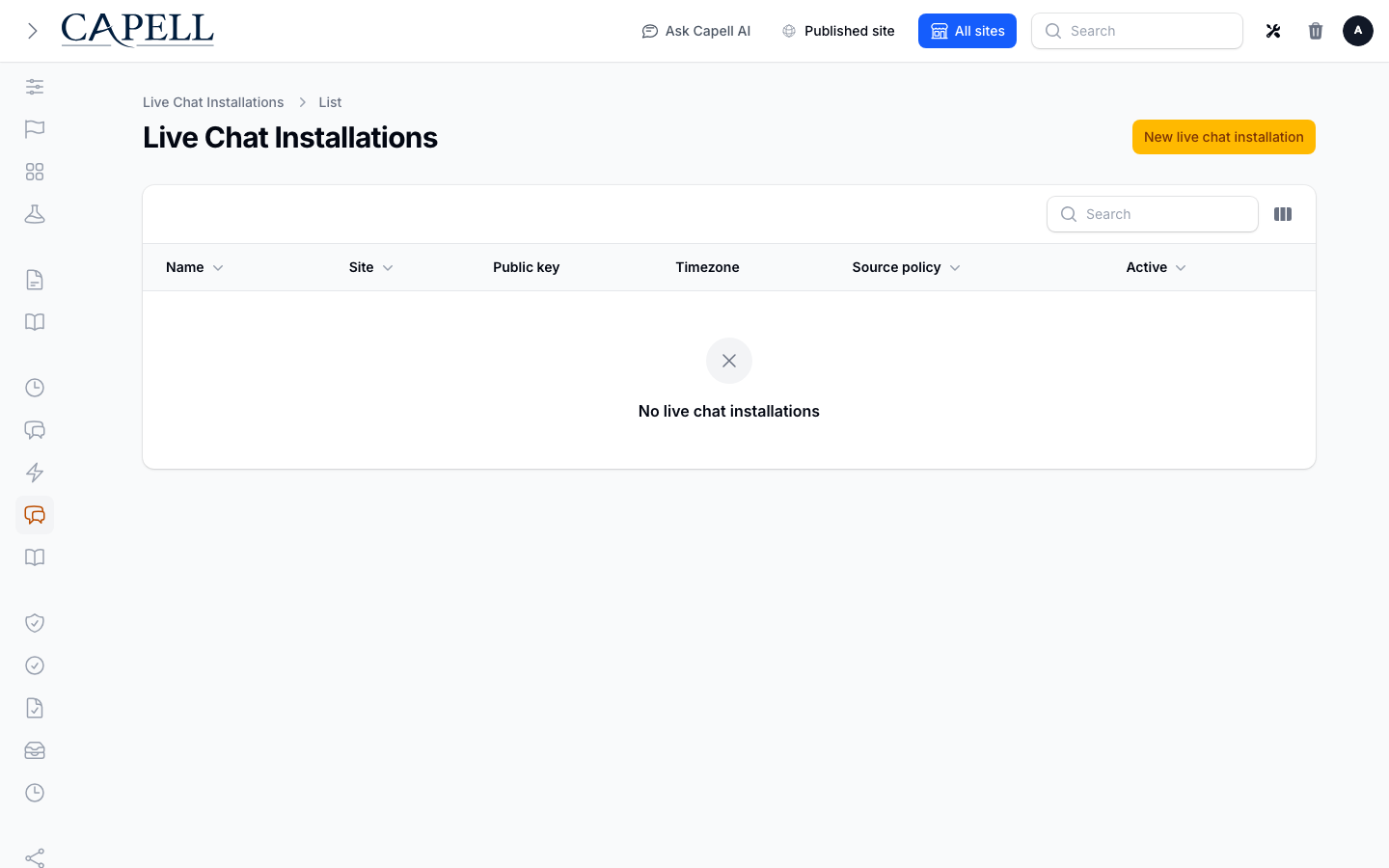 Live Chat chat sites and installation settings