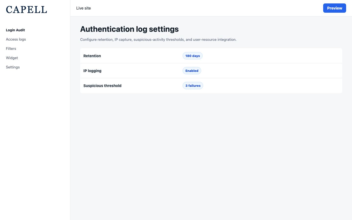 A site owner configures retention, IP tracking, visibility, and the user-resource bridge for login audit data.