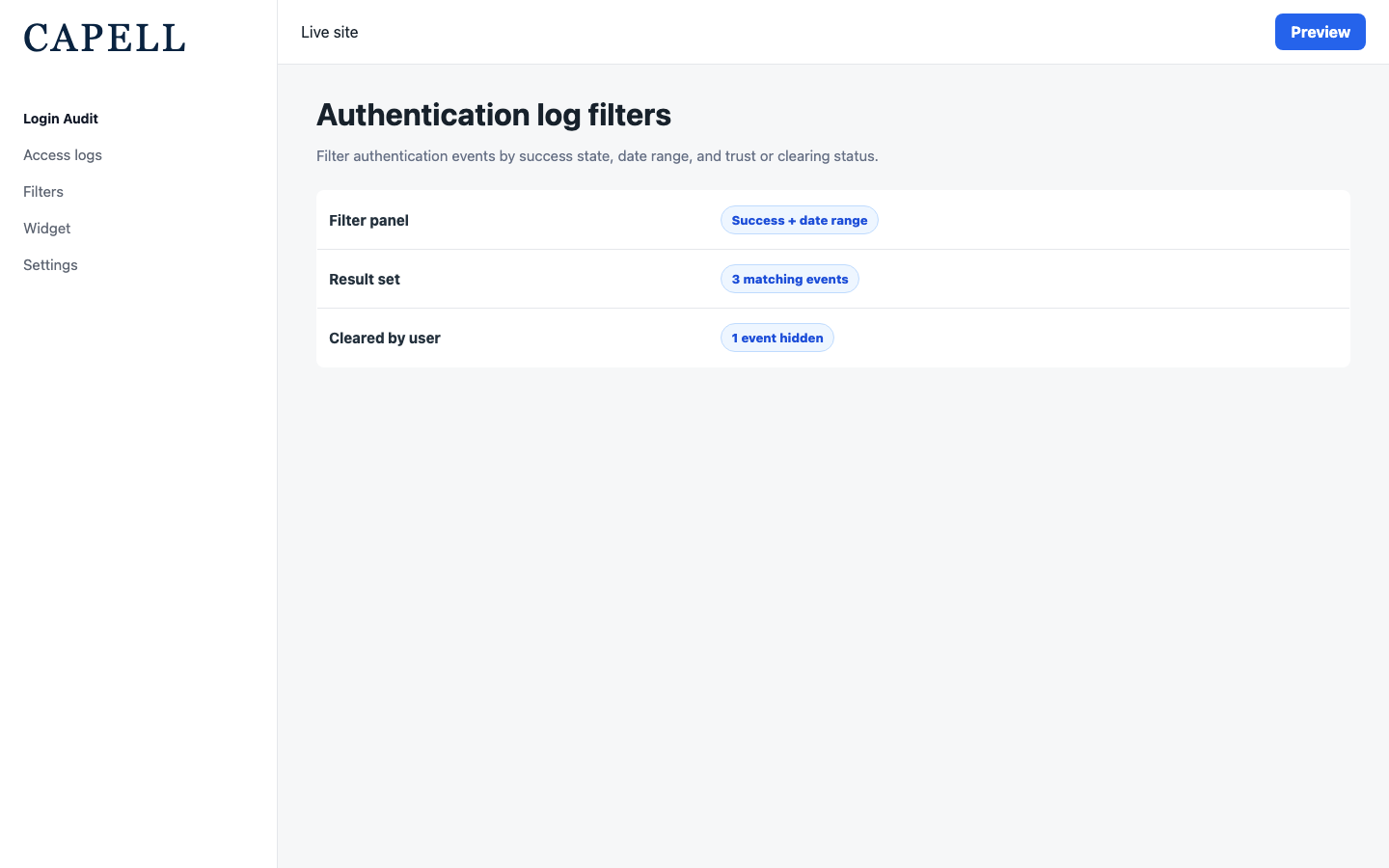 Authentication log table filters