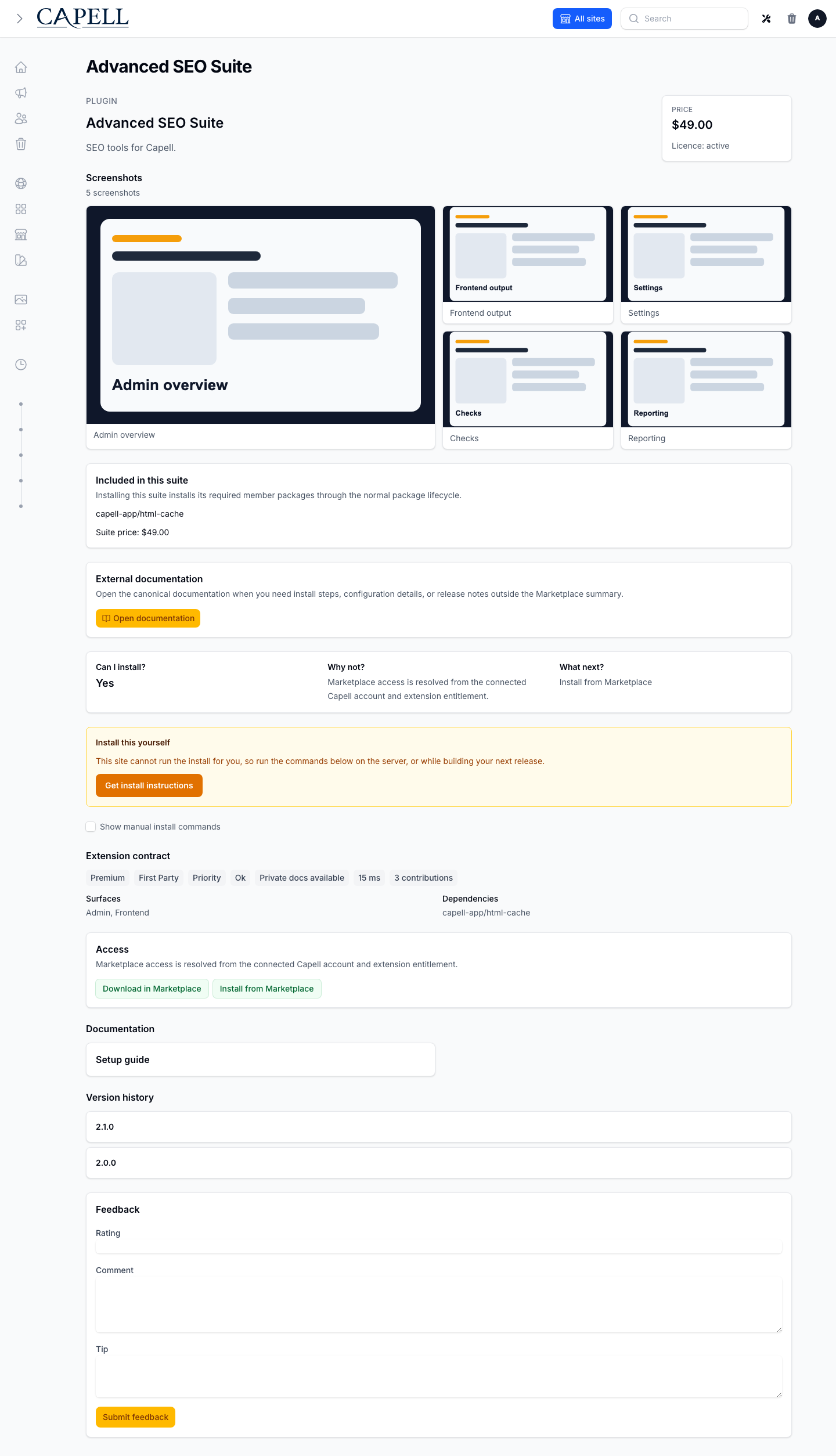 Marketplace extension documentation, access, version history, and feedback controls