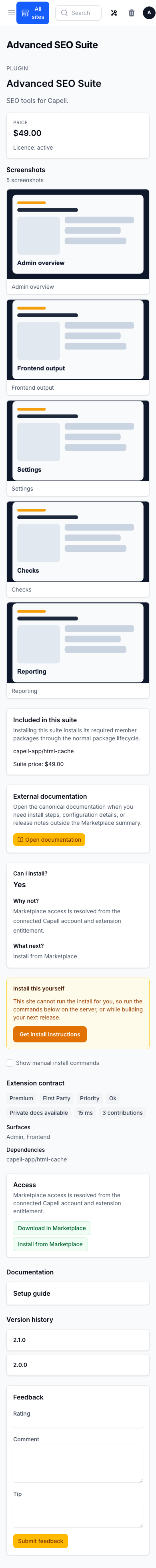 Marketplace extension detail at mobile width