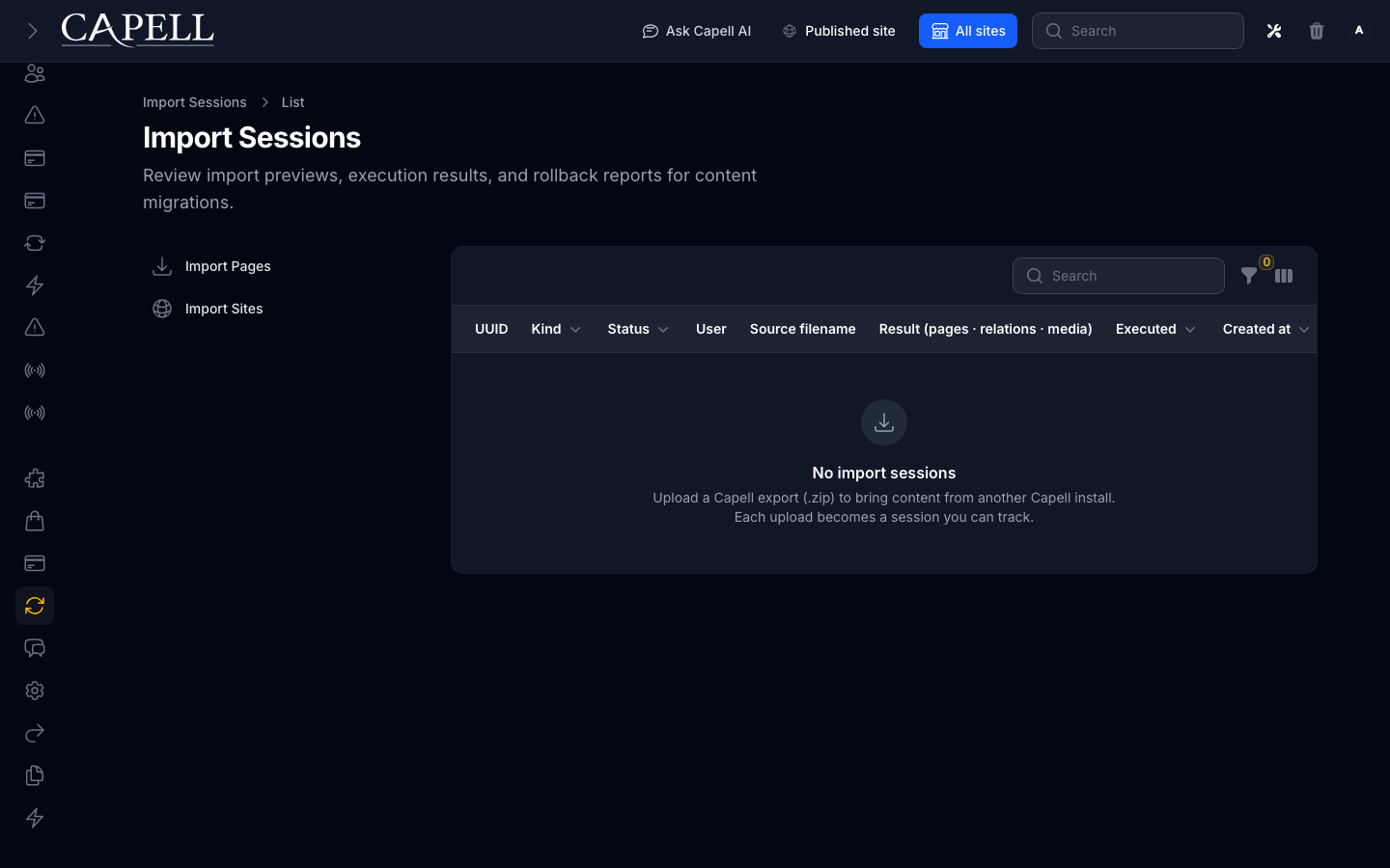 Import session index or host admin surface
