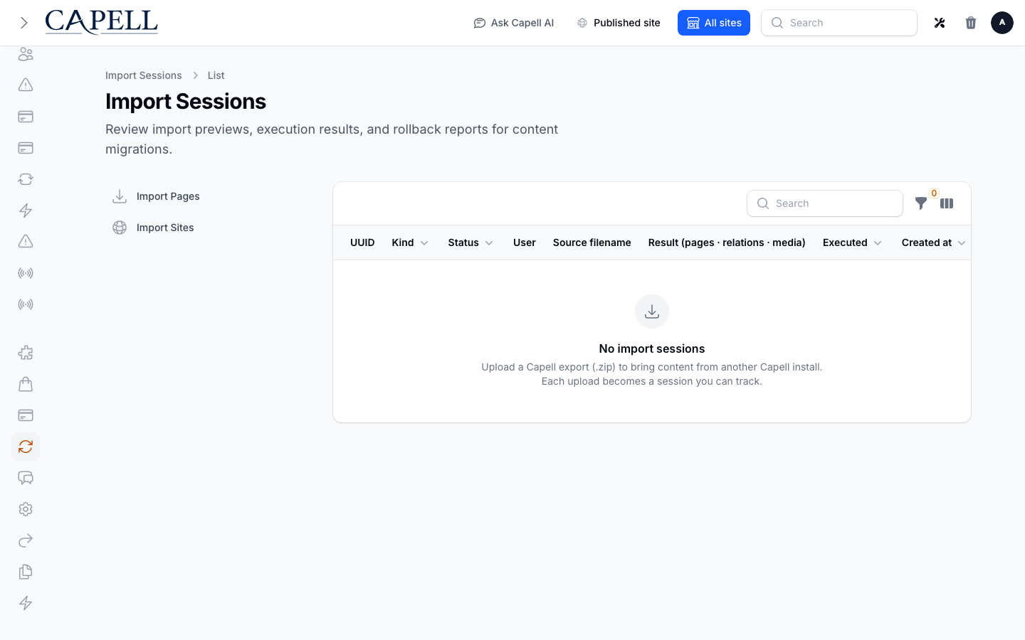 Import session index or host admin surface