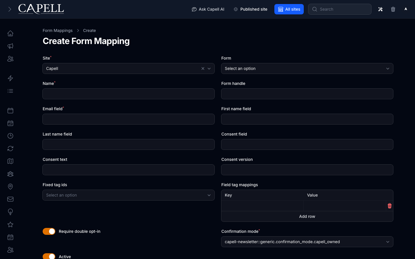 A marketer maps a form into newsletter subscription handling.