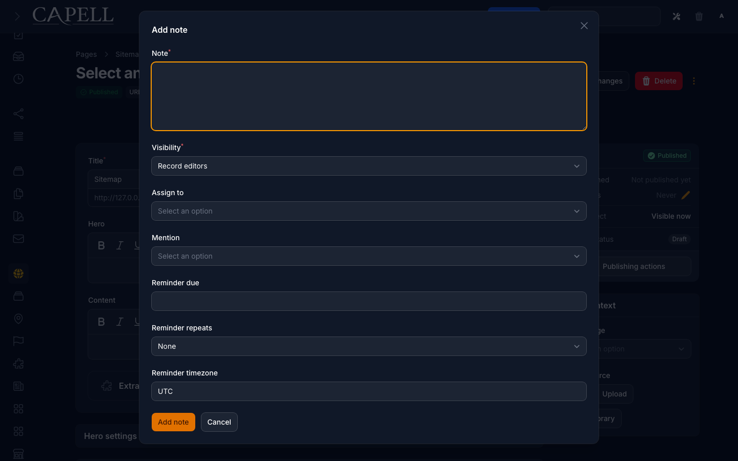 An administrator leaves a contextual note directly from a record edit screen.