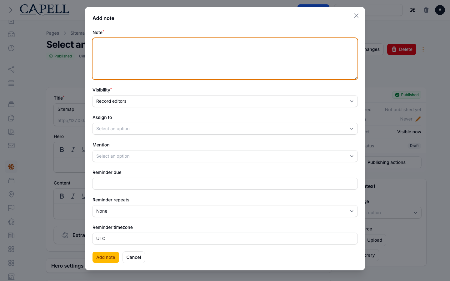 An administrator leaves a contextual note directly from a record edit screen.