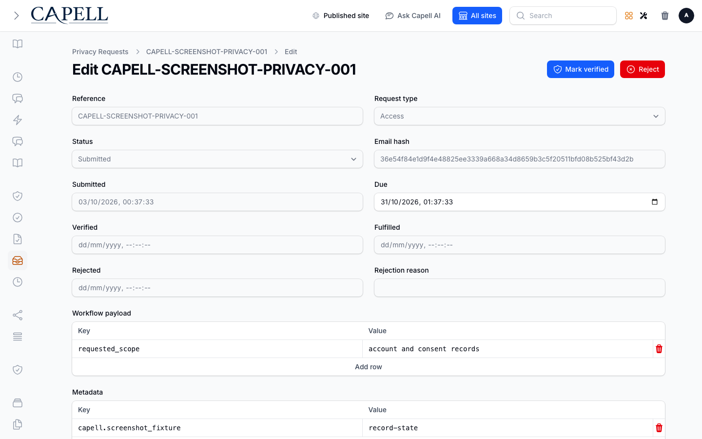 An operator verifies and completes a data-subject request with audited actions.