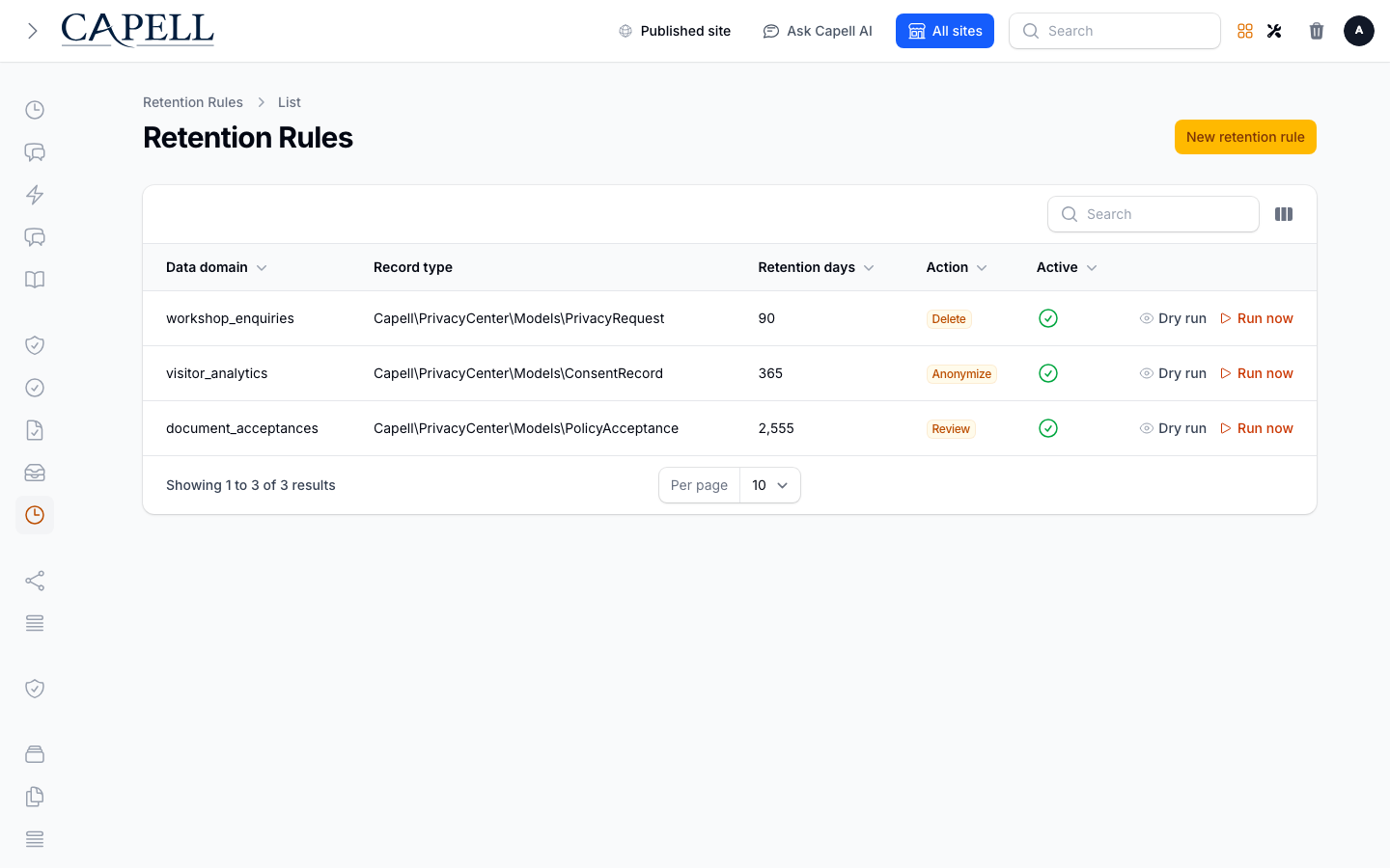 An operator reviews automated data minimisation rules and their retention windows.